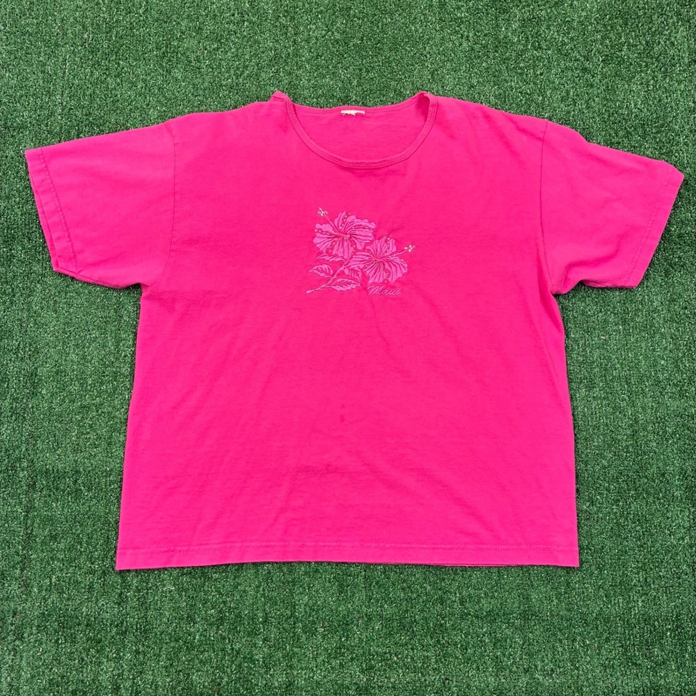 Y2K Maui Hot Pink Hibiscus Rhinestone Surf Graphic Tee